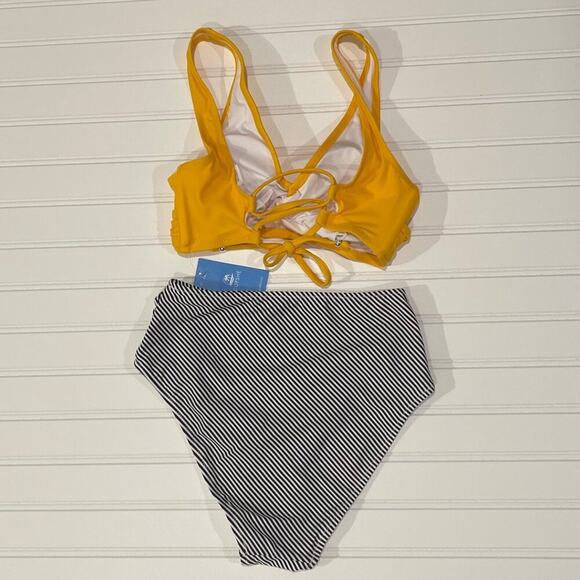 Cupshe Swimsuit Women  XS Yellow & Black Striped Wrap Front Cross Back 2 Piece - Picture 2 of 5